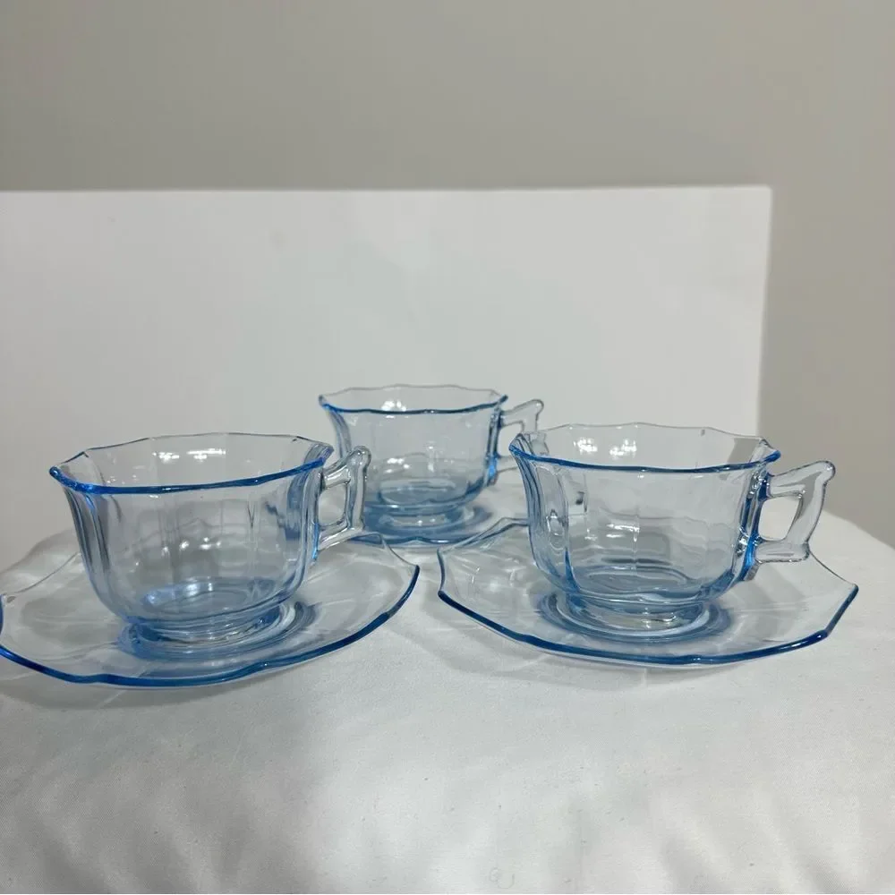 Cambridge Vintage Glass DECAGON Moonlight Blue  Cups, Saucers & Plates Set 12